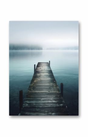 A wooden pier is in front of a body of water. The water is calm and the sky is cloudy