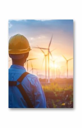 Engineer looking at wind turbines in countryside at sunset