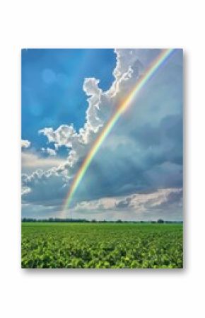 A rainbow is seen in the sky above a field of green plants