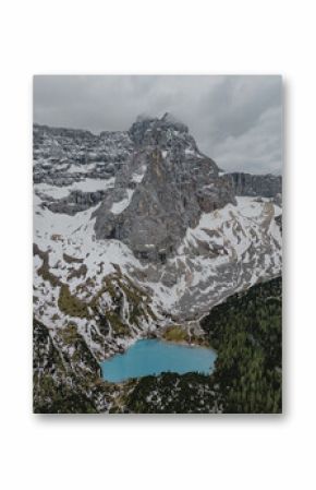 Bird view of Lake Sorapis (Lago di Sorapiss), Dolomites, Italy