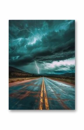 A road with a lightning bolt in the blue sky