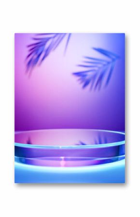 Abstract Glass Podium With Palm Leaf Shadow On Purple And Blue Gradient Background