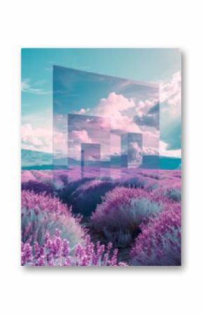 Surreal abstract landscape with mirrors reflecting sky clouds over vibrant lavender field