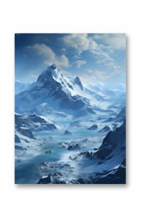 A breathtaking view of snow-capped mountains reaching for a clear blue sky dotted with fluffy clouds. 