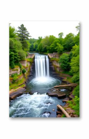 Wide shot of waterfall dam on Stockport Creek in Stuyvesant, New York isolated on white background, png