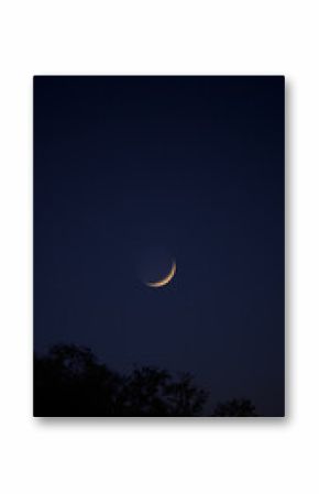 Crescent Moon, falling star, planet conjunction and landscape scenery silhouettes.