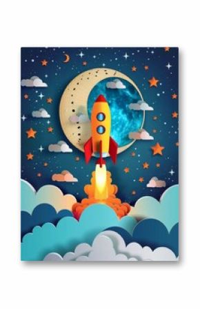 Colorful illustration of a rocket launch with moon and stars background