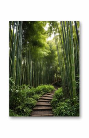 lush green bamboo forest with towering stalks, creating a natural pathway