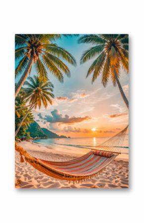 Tropical sunset beach background, summer island landscape, hammock hanging on palms sand romantic sea beach. Beautiful carefree vacation or summer holiday concept. Honeymoon, romance resort. AI gen