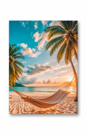 Tropical sunset beach background, summer island landscape, hammock hanging on palms sand romantic sea beach. Beautiful carefree vacation or summer holiday concept. Honeymoon, romance resort. AI gen