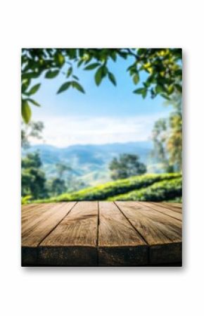 Circle wooden table top with blurred tea plantation landscape against blue sky and blurred green leaf frame Product display concept natural backgroud with generative ai