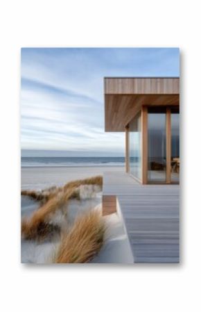 Modern Wooden House on the Beach with Sand Dunes and Ocean View