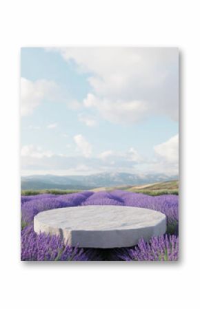 Empty grey stone podium in the wide lavender field. Mountains background. For displaying natural beauty products