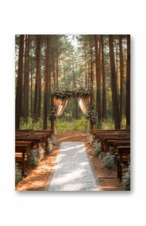 Beautiful outdoor wedding ceremony setup with floral arch and wooden walkway in a forest