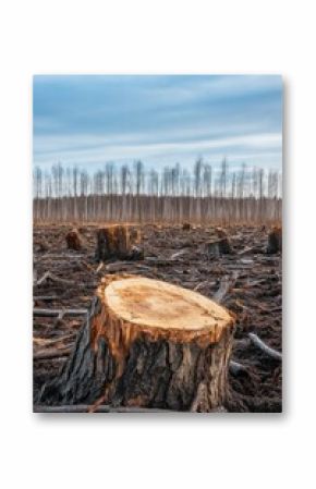 Deforestation scene with tree stumps in a barren landscape, highlighting environmental destruction, forest clearing, and the impact of human activities on nature