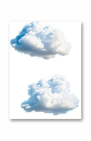 Two fluffy, white clouds isolated on a transparent background with detailed textures and soft edges, perfect for weather or nature-themed designs.