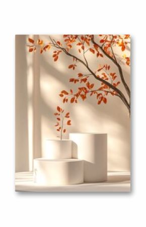 Beauty product advertisement: three sunlit white podiums with autumn leaves and shadows