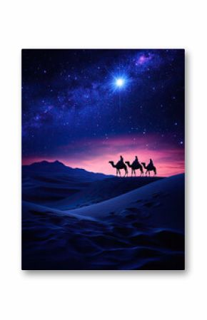 The three wise men with their camels following the star through the desert