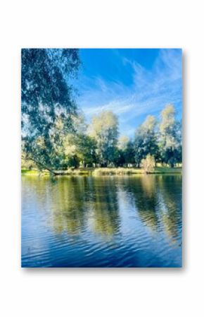 Beautiful blue lake in the park, sky and trees reflection on the lake surface