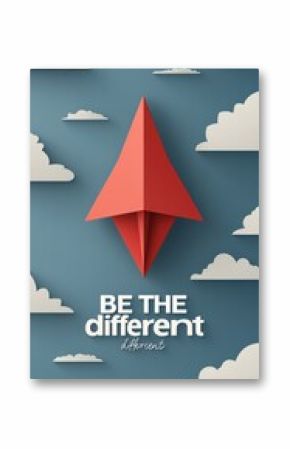 Be the different with a red paper plane leading the way to success through blue skies and fluffy white clouds