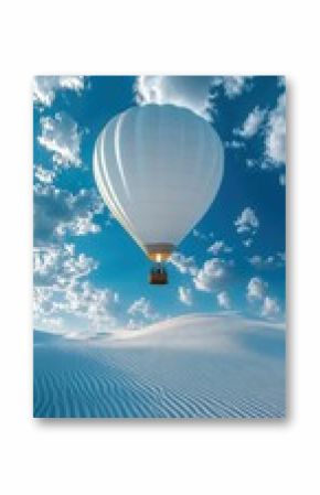 White hot air balloon soaring over rippled white sand dunes against a vibrant blue sky filled with fluffy clouds.