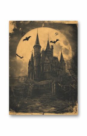 Vintage engraved Halloween castle, Vector illustration of mystical haunted castle in engraving style