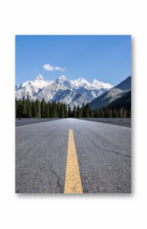 Straight asphalt highway road and green forest with snow mountain natural landscape under blue sky. car background.