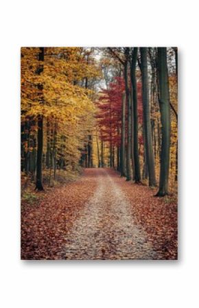 A dirt path leads through an autumn forest, the trees are ablaze with color, the leaves are changing.