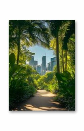 Brisbane Botanic Gardens Path with City Skyline in Early Morning.