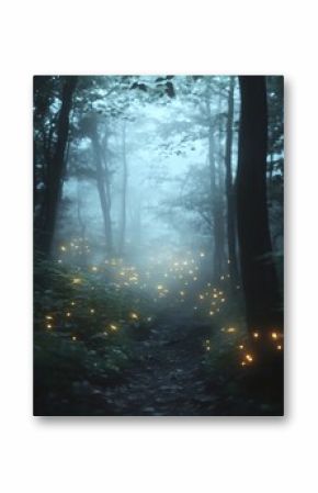 Mystical fireflies in a foggy forest