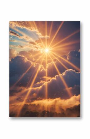 Golden sunlight piercing through dramatic clouds, creating a radiant celestial spectacle above a serene landscape below.  goldenhour  skyscape