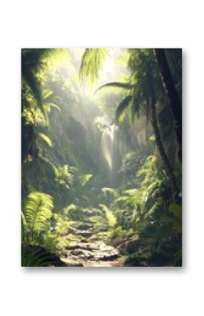Lush Tropical Jungle Waterfall Scene with Sunlight Streaming Through Palm Trees and Verdant Foliage