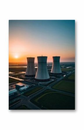 a view of a nuclear power plant with a sunset in the background