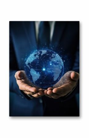 Close up of businessman holding digital globe in palm illustration