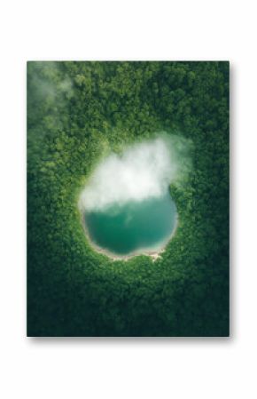 Aerial view of a mysterious forest lake shrouded in mist