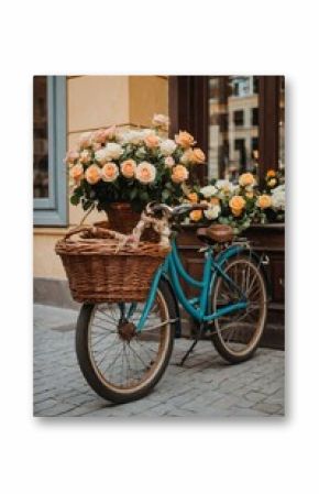 Bicycle with flower baskets parked in a charming street filled with blooming roses