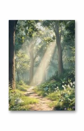 Photo of A beautiful forest scene with tall trees and sunlight filtering through the leaves nature tranquility landscape.