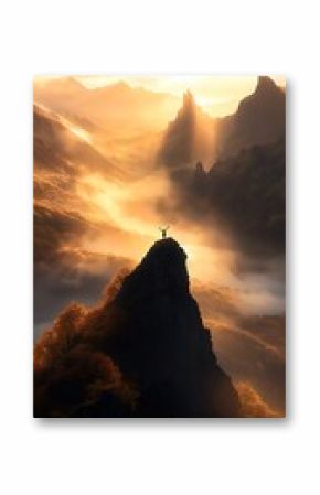 Person Silhouetted on Mountain Peak at Sunrise