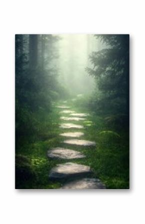 Foggy Forest Trail with Stone Pathway and Soft Green Moss