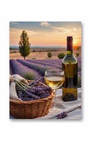 Sunset in lavender fields with wine glass and basket of lavender in warm golden light