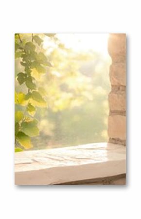 Sunlight Illuminates Green Vines on a Stone Wall