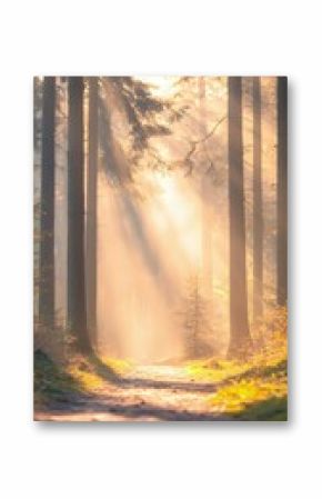 Sunlit Path Through Misty Pine Forest