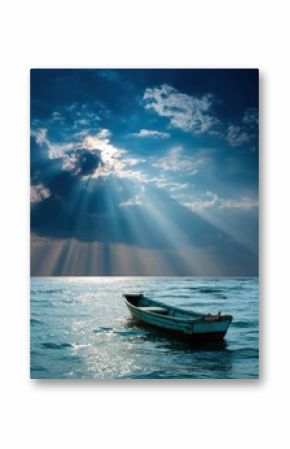 Fishing Boat Drifting in Calm Sea Under Radiant Sunbeams in Clear Sky