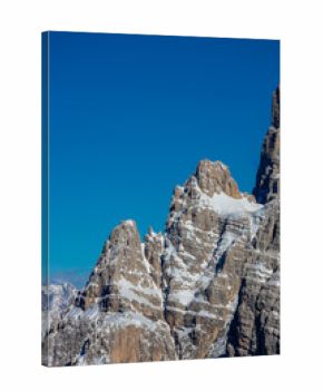 Winter Dolomites rocky tower mountain in Italian Alps, Trentino Alto Adige, Italy. Alps, alpine scenic landscape. Dolomites rocky mountain in Alpes at Cortina di Ampezzo. Tre Cime from Misurina