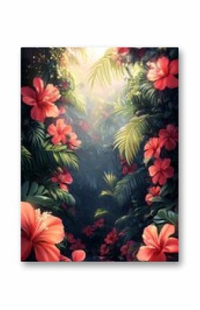 Tropical Oasis Pathway, Floral Paradise, Sunlight, Peaceful Scene, Stock Photo