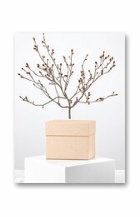 Small Brown Plant in Beige Box on White Cubes