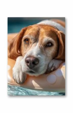 A beagle enjoys a peaceful moment lounging on a floaty in a vibrant pool. The sun shines brightly, highlighting the dog's relaxed demeanor as it rests contentedly.