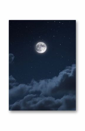 Full moon shining brightly in the night sky with clouds and stars above in a serene view