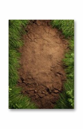 Cracked, dark brown earth framed by vibrant green grass, viewed from directly above