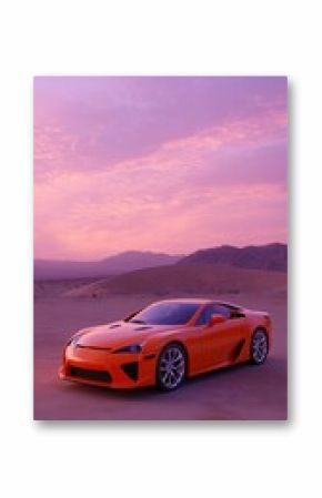 Sleek orange sports car parked in a desert landscape during sunset with colorful sky and distant mountains